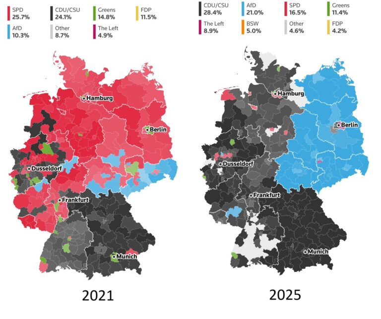 Forandringen i det politiske landskab de seneste 4 år. Tyskland er igen splittet i Vest- og Østtyskland eupol
