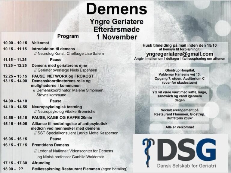 Nu er der kun 10 dage til geriaternes efterårsmøde, som vi i Yngre Geriatere har arrangeret, og jeg glæder mig! Dagen er fyldt med spændende oplæg om demens. Der kommer en neurolog og en geriater og fortæller om deres vinkel på demens, en demenskoordinator opdaterer os om mulighederne i kommunen, en…