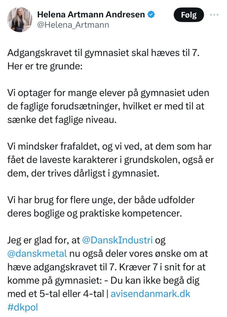 Der er virkelig sket et skifte i syn på uddannelse disse år. Tidligere skulle DK være et vidensland og veluddannet befolkning. Nu sættes flere og flere krav for at få en uddannelse. Hvis vi også stopper personer i gymnasierne får vi fx. ikke flere sygeplejersker #dkpol