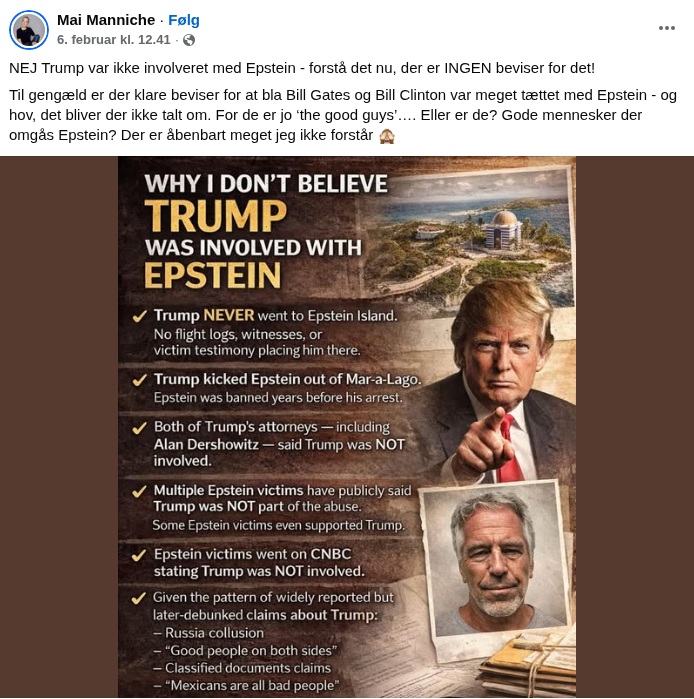 Trump har virkelig stærke følgere, der støtter ham uanset hvad han siger og gør. Klassisk Trumpforsvar her - Trump er helt uskyldig trods han er overalt i Epsteinfilerne, mens alle de andre er skyldige #dkpol #epsteinfiles