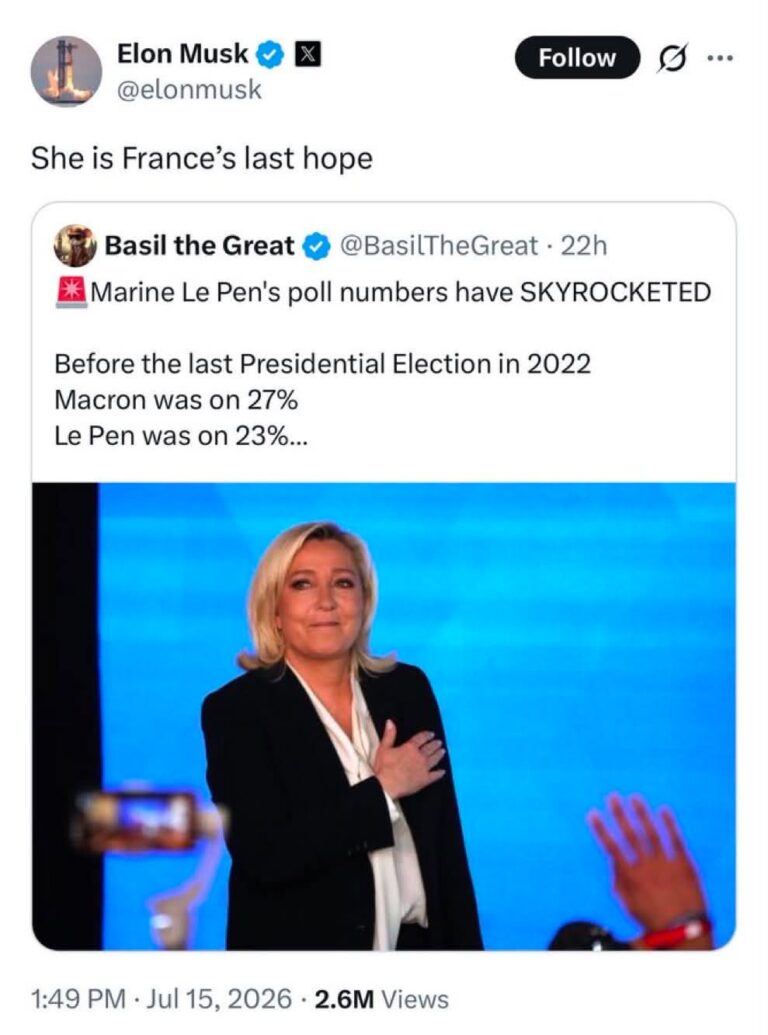 American interference in the French presidential election has begun. Elon Musk has (as expected) expressed his full support for Marine Le Pen.