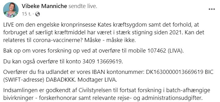 Ikke overraskende kobler Vibeke Manniche nu Kronprinsesse Kates kræftsygdom sammen med COVID-19 vacciner. Ligesom hun gjorde med Søren Papes dødsfald. Det hele sammen med en reklame for indsamling af penge #dksund #dkmedier #covid19dk