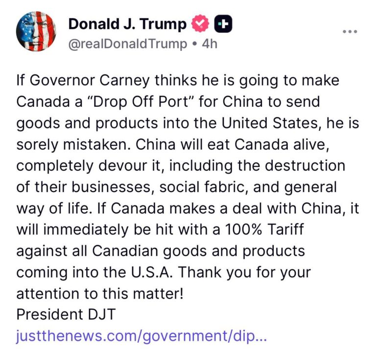 Så kommer der igen toldtrusler fra Trump. Nu truer han Canada med 100% straftold hvis de indgår en handelsaftale med Kina. Forhåbentlig står Canada imod hans trusler, vi er mange andre lande der gerne samarbejder med Canada