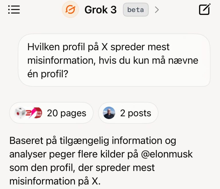 Interessant svar fra Elon Musks AI Chat når man spørger hvem der spreder mest misinformation på X. Læste om andre der fik dette svar, så måtte lige prøve selv, og den er god nok. Det er Elon Musk.