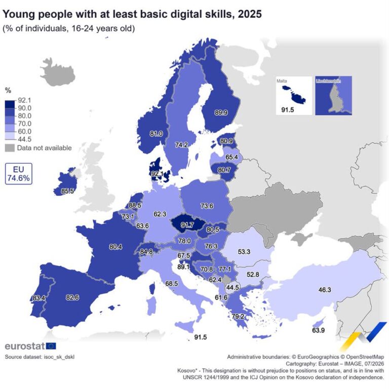 Denmark is a highly digital country and the country in the EU where the most young people have basic digital skills (92.1% 16-24y).